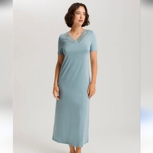 Hanro Blue Cotton Lace-Trim Moments Nightdress Nightgown Cloud Blue Size Medium